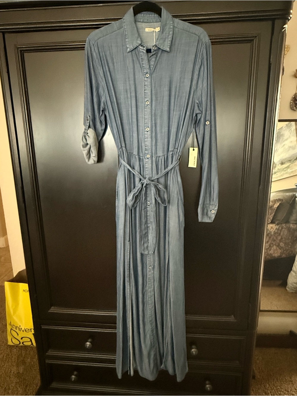 Sneak Peek Denim Casual Button-Front Maxi Shirt Dress with Tie Waist - Blue
